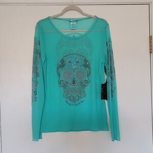 NWT Cowgirl Tuff Turquosize Skull Embellished Long Sleeve Top